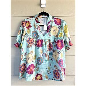 Finn Floral Flower Vneck Tencel Nylon Linen Blend Blouse Top Shirt Small NEW NWT